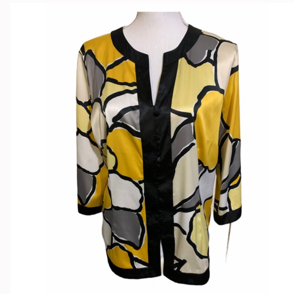 Women’s Style & Co Satin Blouse, Size 8P, Black, Yellow, Cream Abstract